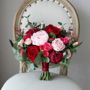 Burgundy and Blush Pink Bridal Bouquet, Classic Wedding Bouquet, Rustic Boho Flower Bouquet,  Design in Rose and Peony