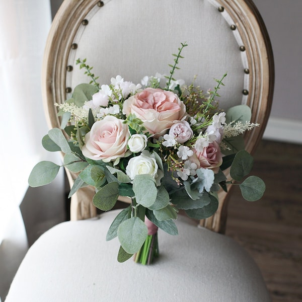 Stoffig roze bruidsboeket, klassiek bruiloftsroosboeket, rustiek Boho-bloemboeket, ontwerp in roos