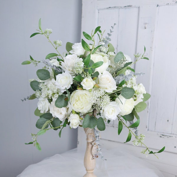 White and Sage Green Wedding Table Arrangement, Guest Table Flower Ball, Wedding Floral Centerpiece, Made with Rose, Peony and Baby's Breath