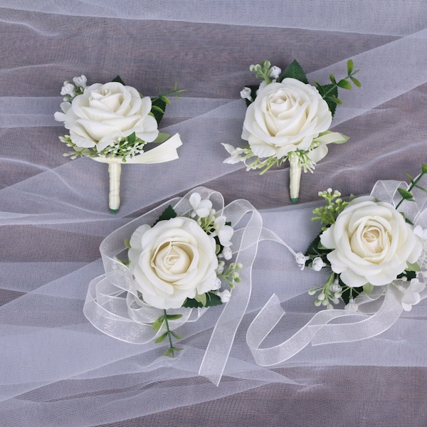 Ivory White Boutonniere for Men, Wrist Corsage for Bride, Bridesmaid, Classic Rustic White Boho Wedding Accessories