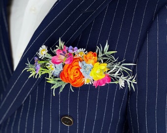 Wildflowers Pocket Boutonniere for Men, Stylish Boutonniere for Groom, Rainbow Colorful Boutonniere, Classic Rustic Boho Wedding Accessories