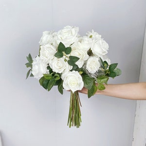 Brautstrauß weiße Rose, weißer Hochzeitsstrauß, Boho Blumenstrauß, Real Touch Rosenstrauß, Design in Rose