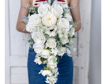 White Cascading Wedding Bouquet, White Bridal Bouquet, Rustic Wedding Flower, Made with Rose, Anemones and Peonies