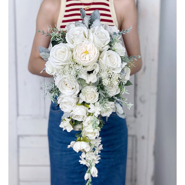 White Cascading Wedding Bouquet, White Bridal Bouquet, Rustic Wedding Flower, Made with Rose, Anemones and Peonies