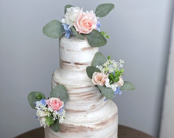 Set of 3 Wedding Cake Topper, Floral Cake Decoration, Cake Topper Flowers, Blue and Pink Cake Flowers, Boho Wedding, Gender Reveal Party