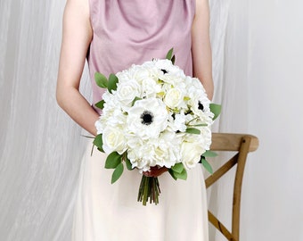 Classic White Rose Bridal Bouquet, Anemone Wedding Bouquet, Boho Flower Bouquet,  Design in Rose, Hydrangea, Anemone and Eucalyptus