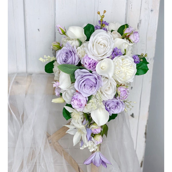 Cascading Wedding Bouquet, Lavender and White Bridal Bouquet, Boho Wedding, Made with Rose, Calla Lily, Delphinium and Peonies