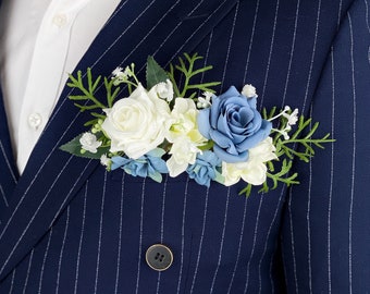 Dusty Blue Pocket Boutonniere for Men, Stylish Boutonniere for Groom, Classic Rustic Dusty Blue Boho Wedding Accessories