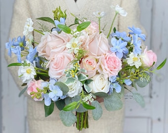 Boho Bridal Bouquet, Blush Pink and Light Blue Wedding Bouquet, Wedding Flower Bouquet,  Design in Rose, Daisy and Delphinium