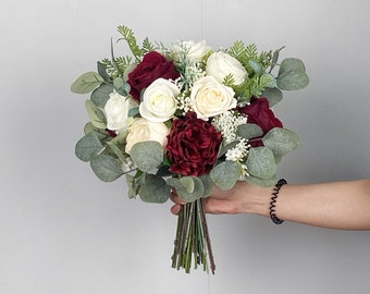 Burgundy and White Bridal Bouquet, Bridesmaid Bouquet, Boho Flower Bouquet,  Design in Rose, Peony, Baby's Breath and Eucalyptus