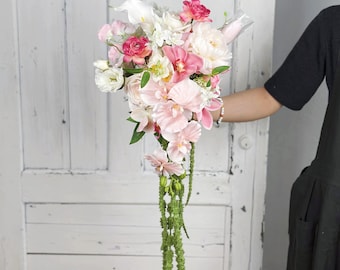 Pink and White Cascading Wedding Bouquet, Morden Bridal Bouquet, Made with Anthurium, Calla Lily, Orchid, Peony, Ranunculus and Amaranthus