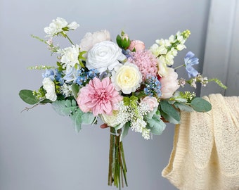 Pink & Blue Bridal Bouquet, Boho Wedding Bouquet, Wedding Flower Bouquet, Design in Rose, Ranunculus, Hydrangea, Peony, Dahlia, Wildflowers