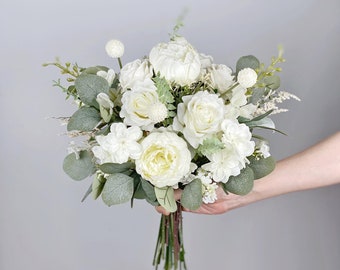 Ramo de novia de rosas blancas, ramo de novia clásico, ramo de flores rústico bohemio, diseño en rosa y peonía