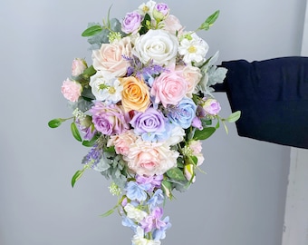 Spring Cascading Wedding Bouquet, Colorful Teardrop Bouquet, Boho Wedding Flower, Made with Rose, Delphinium, Daisies and Lavender Branches