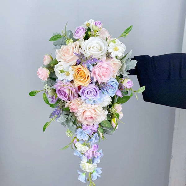 Spring Cascading Wedding Bouquet, Colorful Teardrop Bouquet, Boho Wedding Flower, Made with Rose, Delphinium, Daisies and Lavender Branches