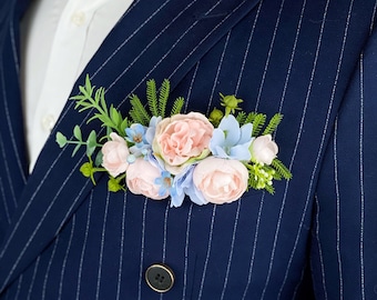 Blush Pink and Blue Pocket Boutonniere for Men, Stylish Boutonniere for Groom, Classic Rustic Pink and Blue Boho Wedding Accessories