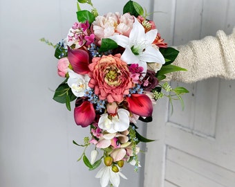 Jewel Tone Cascading Wedding Bouquet, Teardrop Bouquet, Boho Wedding Flower, Made with Dahlia, Lily, Rose, Calla Lily, Orchids, Peony