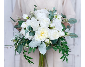 White Rose Bridal Bouquet, Classic Wedding White Draping Bouquet, Rustic Boho Flower Bouquet,  Design in Austin Rose,Peony and Eucalyptus