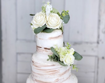 Ensemble de 2 toppers de gâteau de mariage, décoration de gâteau floral, fleurs de topper de gâteau, fleurs de gâteau blanc ivoire, mariage rustique, mariage Boho