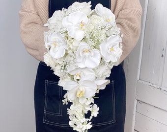 White Orchid Cascading Wedding Bouquet, Rustic Teardrop Silk Flower Arrangement