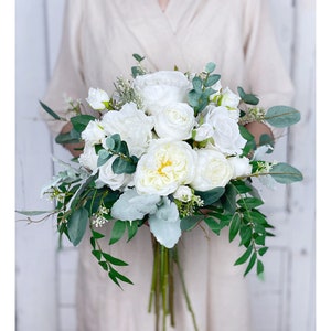 White Rose Bridal Bouquet, Classic Wedding White Draping Bouquet, Rustic Boho Flower Bouquet,  Design in Austin Rose,Peony and Eucalyptus