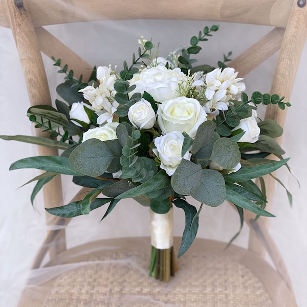 White Rose Bridal Bouquet, Classic Wedding White Peony Bouquet, Rustic Boho Flower Bouquet,  Design in Rose,Peony and Eucalyptus