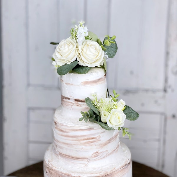 Conjunto de 2 topper de pastel de boda, decoración de pastel floral, flores de topper de pastel, flores de pastel blanco marfil, boda rústica, boda boho