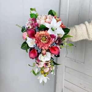 Jewel Tone Cascading Wedding Bouquet, Teardrop Bouquet, Boho Wedding Flower, Made with Dahlia, Lily, Rose, Calla Lily, Orchids, Peony