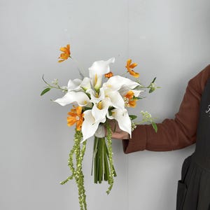 Calla Lily and Cosmos Bouquet, White and Orange Rustic Wedding Flower, Elopement Size