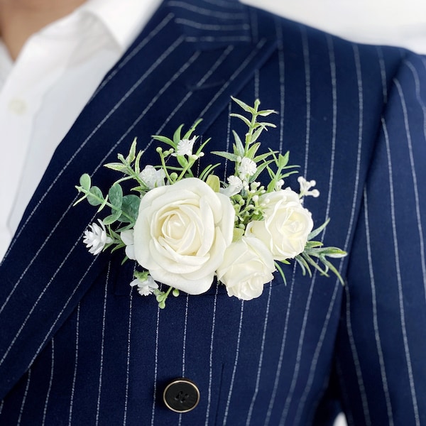 White Pocket Boutonniere for Men, Stylish Boutonniere for Groom, Classic Rustic White Boho Wedding Accessories