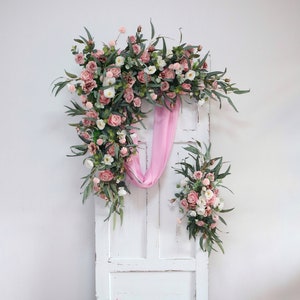 White and Blush Pink Rose and Eucalyptus Wedding Archway Flower, Wedding Corner Swag, Wedding Backdrop, Arbour Gazebo Flowers