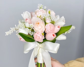 Pink Tulip Wedding Bouquet, Boho Flower Bouquet, Blush Pink Bridal Bouquet, Made with Roses, Tulips, Ranunculus and Astilbe