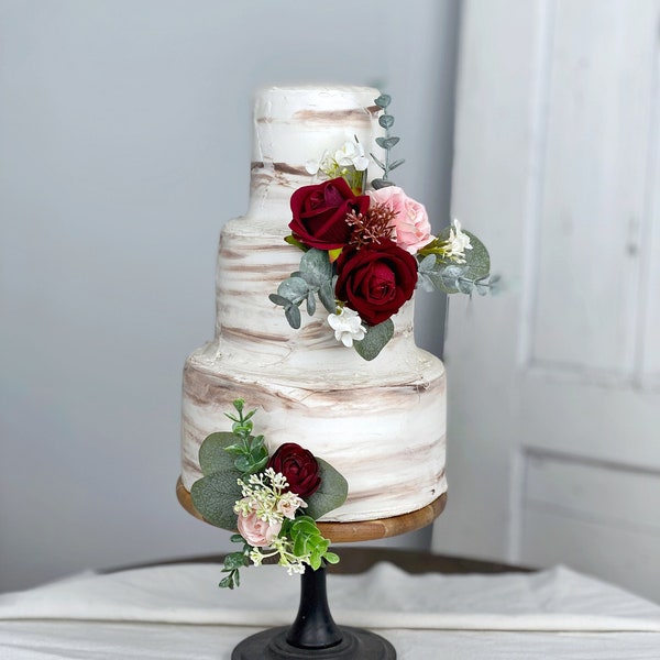 Ensemble de 2 toppers de gâteau de mariage, décoration de gâteau floral, fleurs de topper de gâteau, fleurs de gâteau de Bourgogne et blush, mariage rustique, mariage Boho