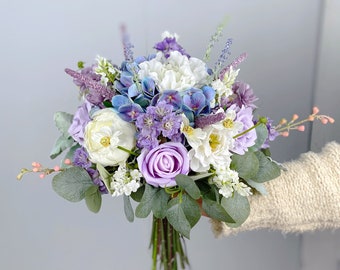 Lavender Bridal Bouquet, Classic Dusty Purple Rose Wedding Bouquet, Rustic Boho Flower Bouquet,  Design in Rose, Hydrangea and Peony