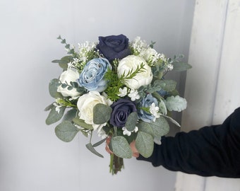 Navy Blue and Dusty Blue Bouquet, Blue Wedding Bouquet, Bridal Flower Bouquet, Design in Rose, Peonies, and Baby's Breath