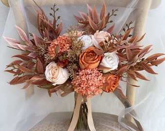 Terracotta, Rust Orange and Gold Bridal Bouquet, Boho Wedding Bouquet, Autumn Fall Wedding Flower, Made with Rose and Hydrangeas