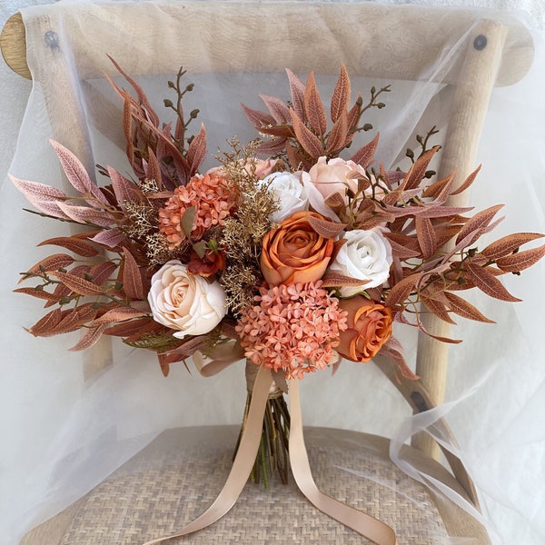 Terracotta, Rust Orange and Gold Bridal Bouquet, Boho Wedding Bouquet, Autumn Fall Wedding Flower, Made with Rose and Hydrangeas