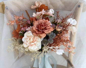 Terracotta and Brown Bridal Bouquet, Boho Wedding Bouquet for Autum, Fall Wedding Flower, Made with Rose and Wildflowers