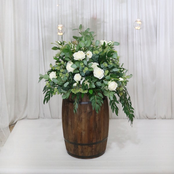 Whiskey Barrel Centerpiece, White Rose Wedding Flower centrepiece, Table Arrangement, Wine Barrel Flowers, Rustic centrepiece
