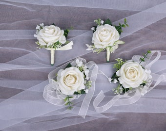 Boutonnière blanc ivoire pour hommes, corsage de poignet pour mariée, demoiselle d'honneur, accessoires de mariage Boho blanc rustique classique