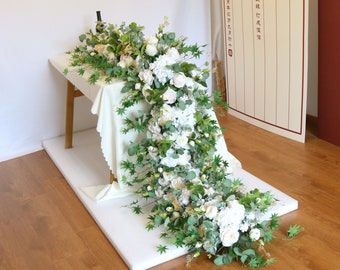 White Wedding Table Garland, White Wedding Reception Table Runner, Long Flower Garland for Wedding, Flower arch, Greenery Runner