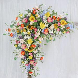 Wildflower Wedding Archway Flower, Spring Wedding Backdrop, Boho Arbour Gazebo Flowers,Design in Sunflowers, Daisies, Dahlia and Ranunculus Corner Swag