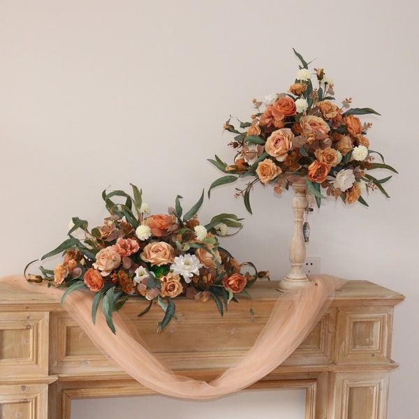 Brown,Terracotta Rose Wedding Table Arrangement, Sweetheart Table,Head Table Flowers, Autumn Fall Wedding Reception Decor Floral Centerpiece