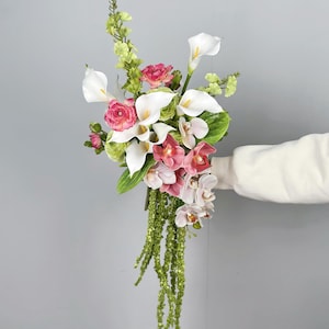 Pink and White Asymmetrical Bouquet for Summer Wedding, Morden Bridal Bouquet. Made with Anthurium, Orchid, Calla Lily and Amaranthus