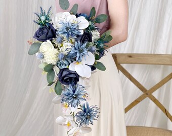 Dusty Blue Cascading Wedding Bouquet, Blue Thistle Bouquet, Navy Blue Boho Bouquet, Design in Rose, Blue Thistle, Orchids, Wild Flowers