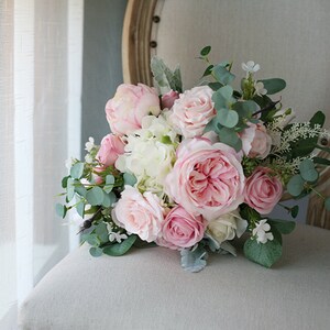 Blush and Ivory Wedding Bouquet, Classic Bridal Bouquet, Rustic Boho Flower Bouquet, Design in Rose, Peony, Hydrangeas and Eucalyptus image 6