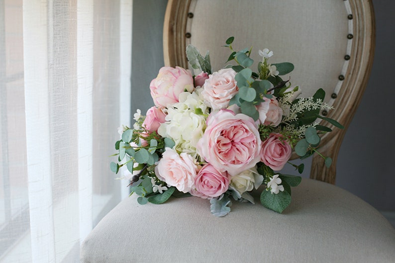 Blush and Ivory Wedding Bouquet, Classic Bridal Bouquet, Rustic Boho Flower Bouquet, Design in Rose, Peony, Hydrangeas and Eucalyptus image 6