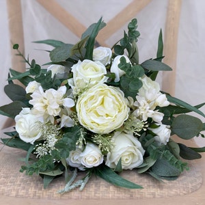 White Rose Bridal Bouquet, Classic Wedding White Peony Bouquet, Rustic Boho Flower Bouquet, Design in Rose,Peony and Eucalyptus image 4