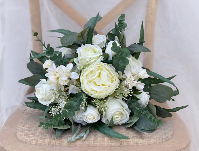 White Rose Bridal Bouquet, Classic Wedding White Peony Bouquet, Rustic Boho Flower Bouquet, Design in Rose,Peony and Eucalyptus image 4
