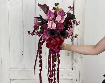 Burgundy and Plum Moody Asymmetrical Bouquet, Morden Bridal Bouquet. Made with Anthurium, Calla Lily and Amaranthus